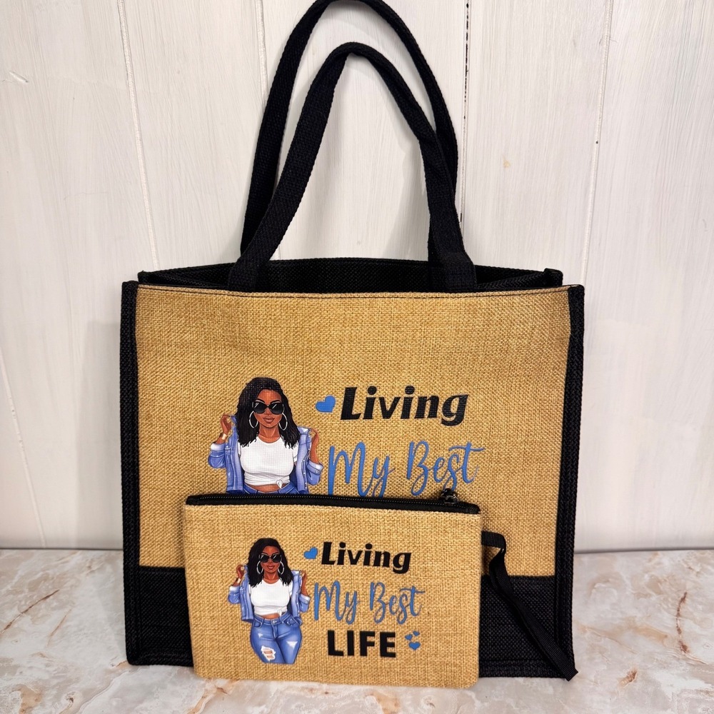 Tote Bag Set Women Large Tan Blackโ Living My Best Life Graphic Burlap Pouch